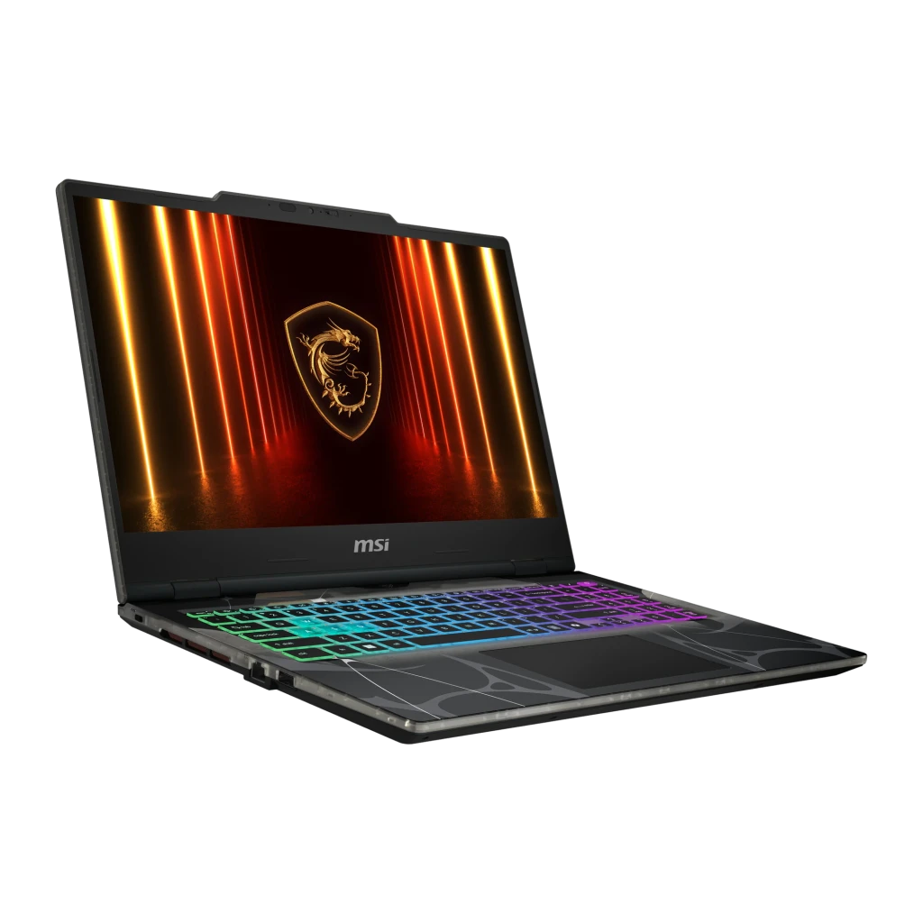 MSI Cyborg A15 1TB preto, vista frontal: ecrã com logo dragão MSI e teclado RGB multicolor iluminado - Item1