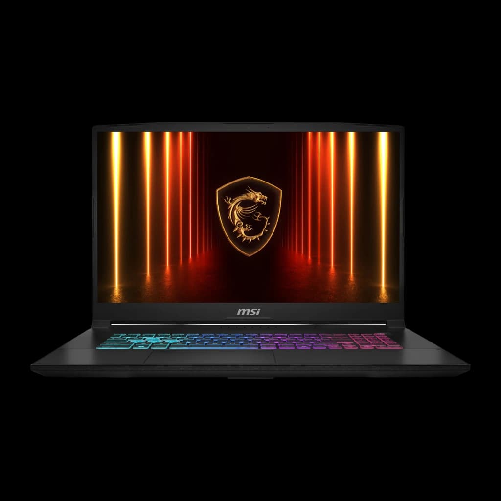 MSI Katana 17 HX B14WGK 1TB preto, vista frontal: ecrã com logótipo dragão dourado e teclado RGB multicolor