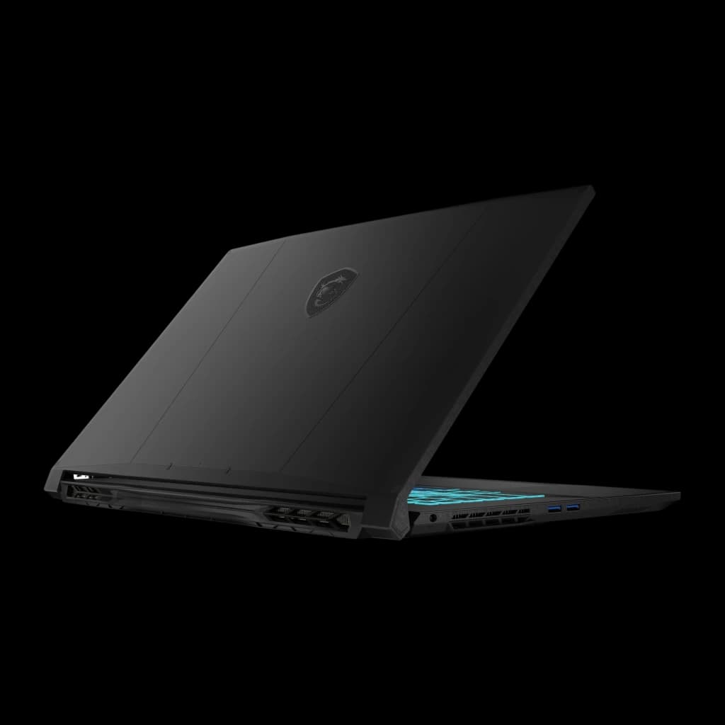 MSI Katana 17 HX B14WGK 1TB preto, vista traseira: tampa com logo MSI, grelhas de ventilação e portas laterais com luz ciano