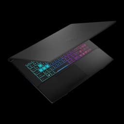 MSI Katana 17 HX B14WGK 1TB negro, vista diagonal superior: teclado RGB multicolor con retroiluminación azul y rosa visible