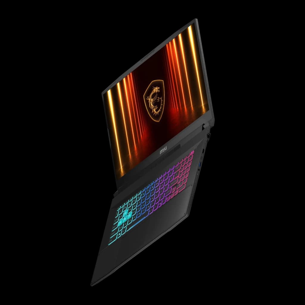 MSI Katana 17 HX B14WGK 1TB preto, vista diagonal: teclado RGB multicolor e ecrã com logótipo dragão MSI