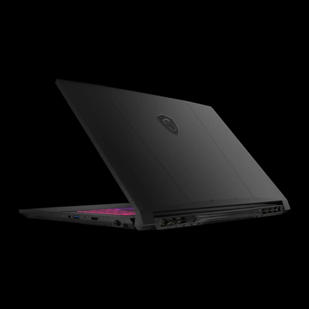 MSI Katana 17 HX B14WGK 1TB preto, vista traseira em ângulo: tampa com logo MSI, grades de ventilação e portas laterais
