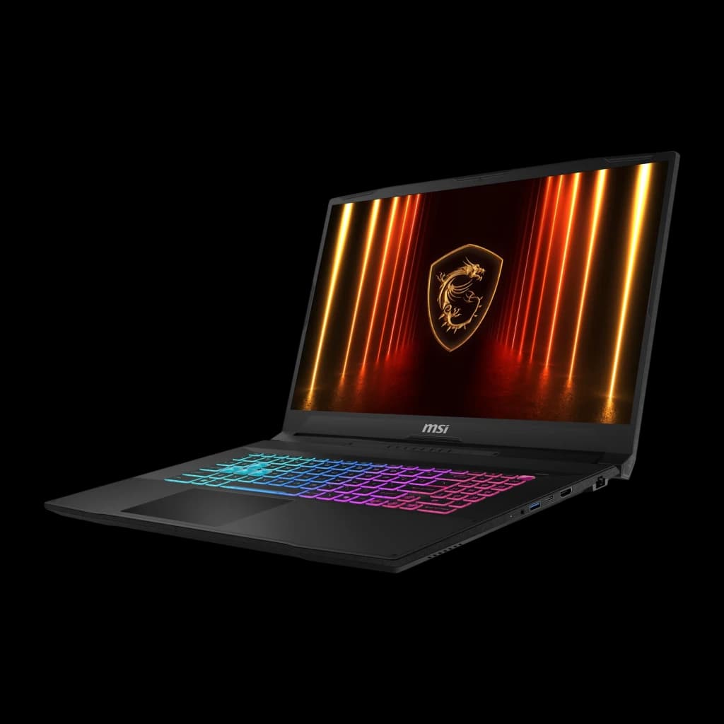 MSI Katana 17 HX B14WGK 1TB preto, vista frontal direita: ecrã com logo dragão e teclado RGB multicolor iluminado