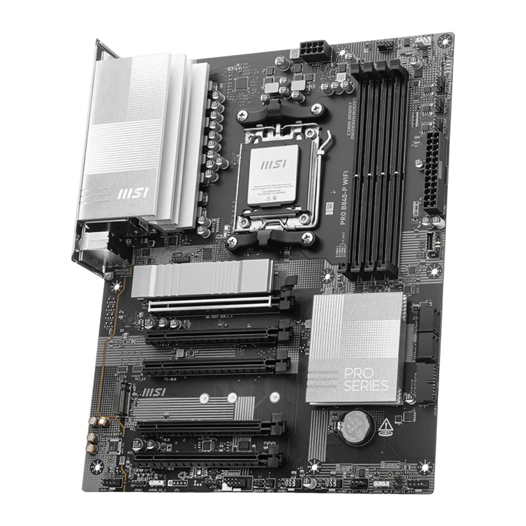 MSI PRO B840-P WIFI preto, kit completo: placa-mãe ao lado da caixa de venda com antena WiFi incluída - Item1