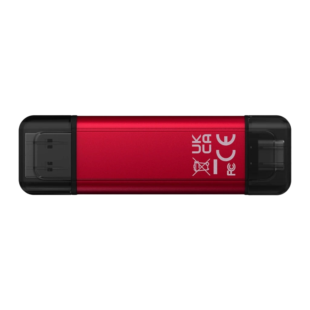 Kingston SPSD 1TB preto vermelho, vista em perspectiva: corpo vermelho com logo Kingston, conectores USB-A e USB-C nas - Item1