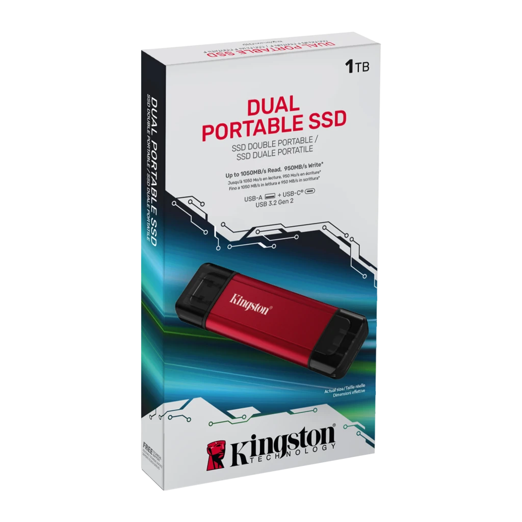 Kingston SPSD 1TB preto vermelho, vista em perspectiva: corpo vermelho com logo Kingston, conectores USB-A e USB-C nas - Item4