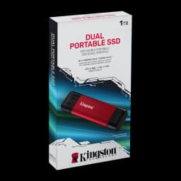 Kingston SPSD 1TB preto vermelho, caixa: embalagem frontal com SSD vermelho e preto, texto Dual Portable SSD e USB-A USB-C