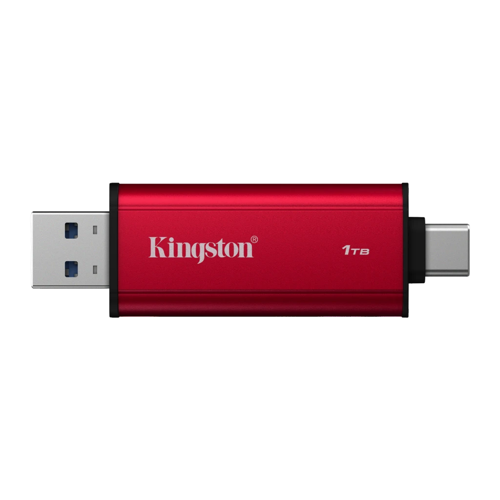 Kingston SPSD 1TB preto vermelho, vista em perspectiva: corpo vermelho com logo Kingston, conectores USB-A e USB-C nas - Item2