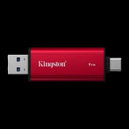 Kingston SPSD 1TB preto vermelho, vista lateral: corpo vermelho com logo, conector USB-A esquerda e USB-C direita visíveis