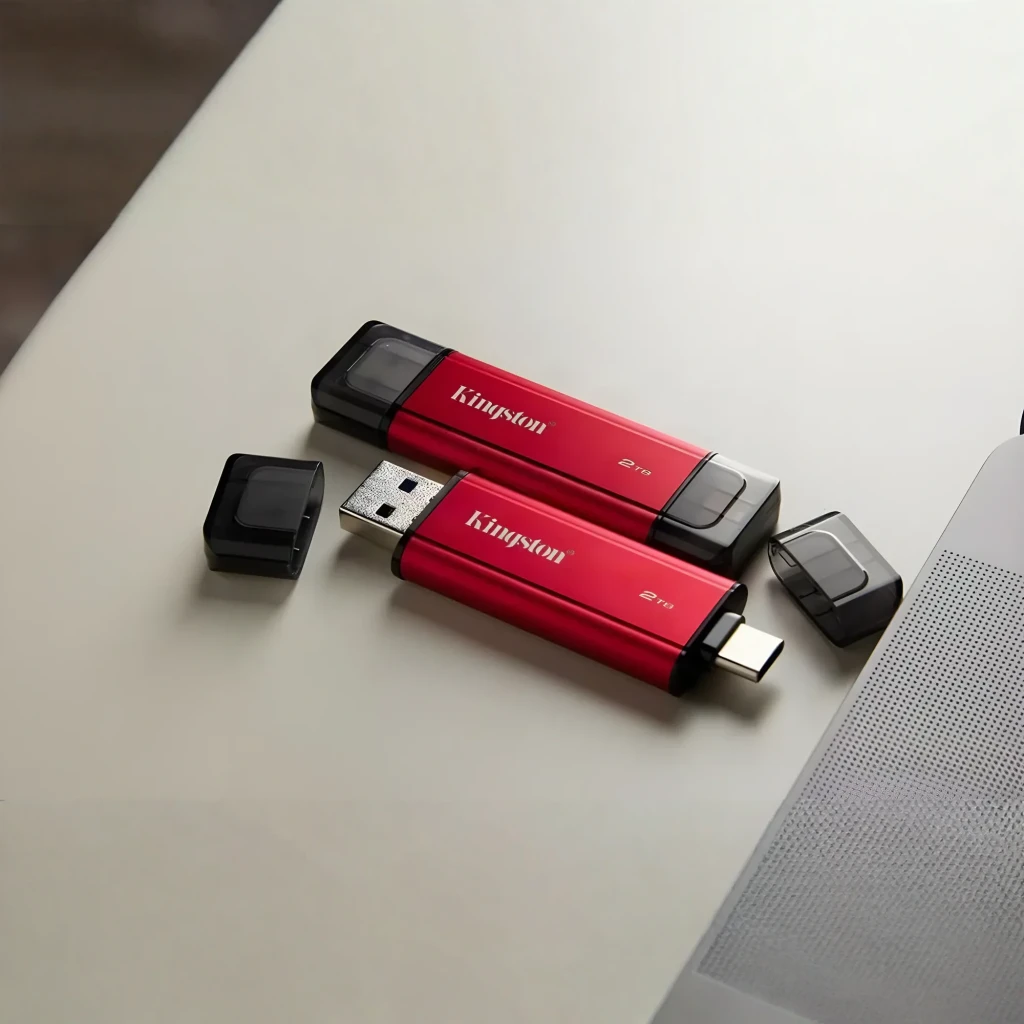 Kingston SPSD 1TB preto vermelho, vista em perspectiva: corpo vermelho com logo Kingston, conectores USB-A e USB-C nas - Item5
