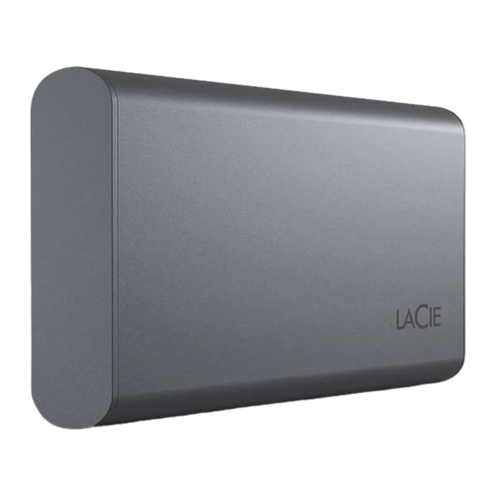 LaCie Mobile SSD Secure USB-C 2TB cinza espacial, vista frontal: superfície metálica texturizada com logo LaCie no canto - Item2