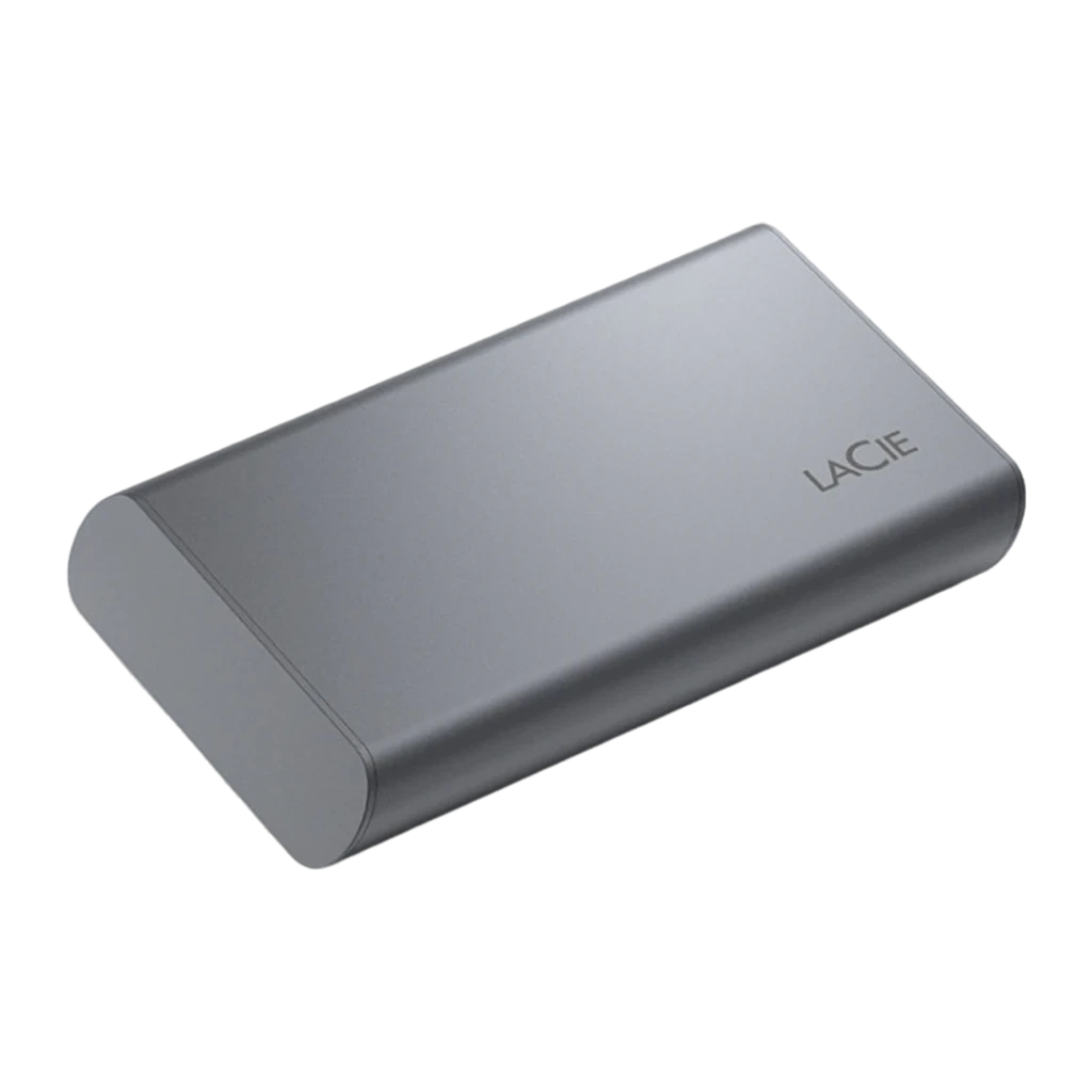 LaCie Mobile SSD Secure USB-C 2TB cinza espacial, vista frontal: superfície metálica texturizada com logo LaCie no canto - Item1