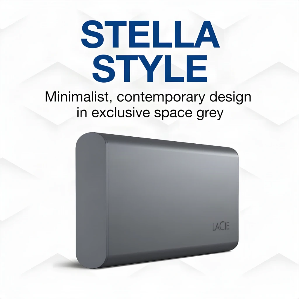 LaCie Mobile SSD Secure USB-C 2TB cinza espacial, vista frontal: superfície metálica texturizada com logo LaCie no canto - Item4