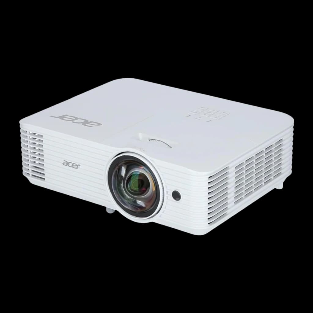 Acer Proyector H6518STi 1080p 3500lm DLP blanco, vista frontal lateral: lente gran angular, rejillas de ventilación y logo