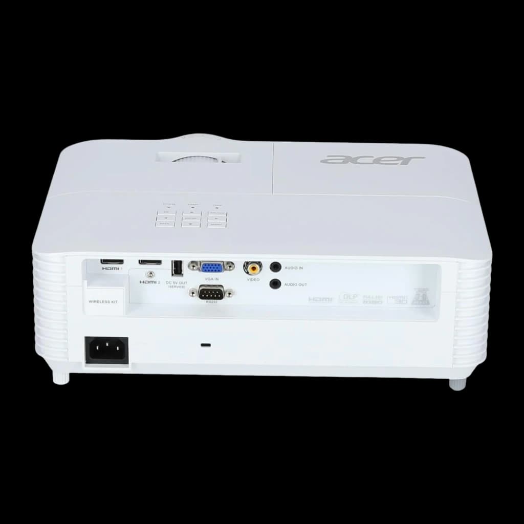 Acer Proyector H6518STi 1080p 3500lm DLP blanco, vista trasera superior: panel de conectores, tapa superior y logo Acer