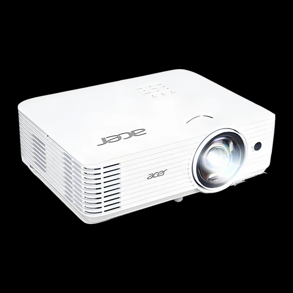Acer Proyector H6518STi 1080p 3500lm DLP Blanco, vista en ángulo: lente frontal, rejillas de ventilación laterales y panel