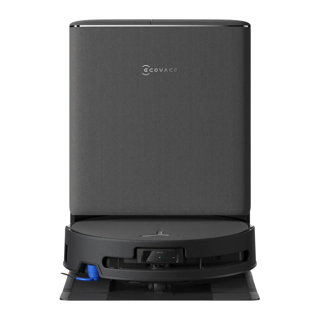 Ecovacs Deebot T90 Pro Omni preto, vista lateral do kit: base de esvaziamento automático em ângulo três quartos com robô - Item1