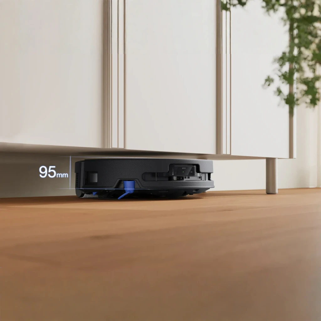 Ecovacs Deebot T90 Pro Omni preto, vista lateral do kit: base de esvaziamento automático em ângulo três quartos com robô - Item4