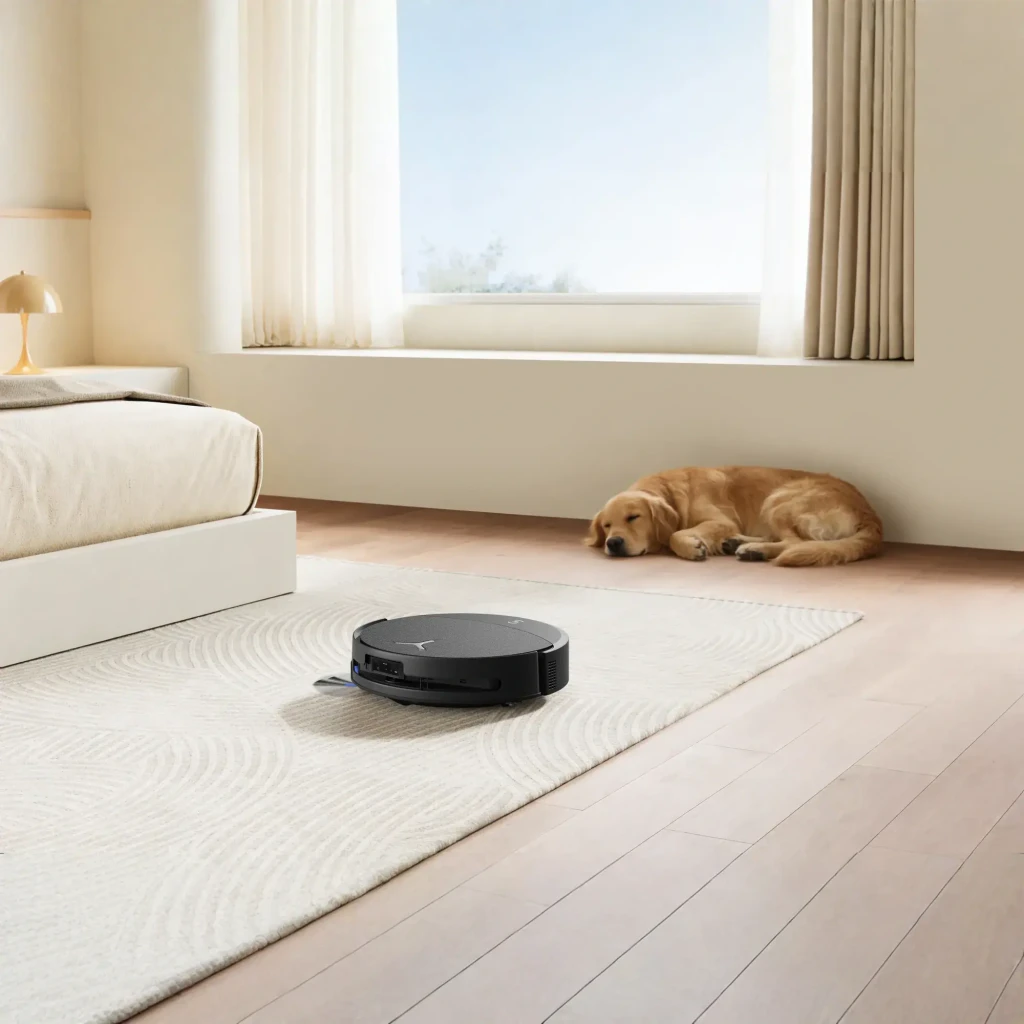 Ecovacs Deebot T90 Pro Omni preto, vista lateral do kit: base de esvaziamento automático em ângulo três quartos com robô - Item6