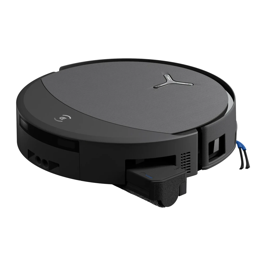 Ecovacs Deebot T90 Pro Omni preto, vista lateral do kit: base de esvaziamento automático em ângulo três quartos com robô - Item3