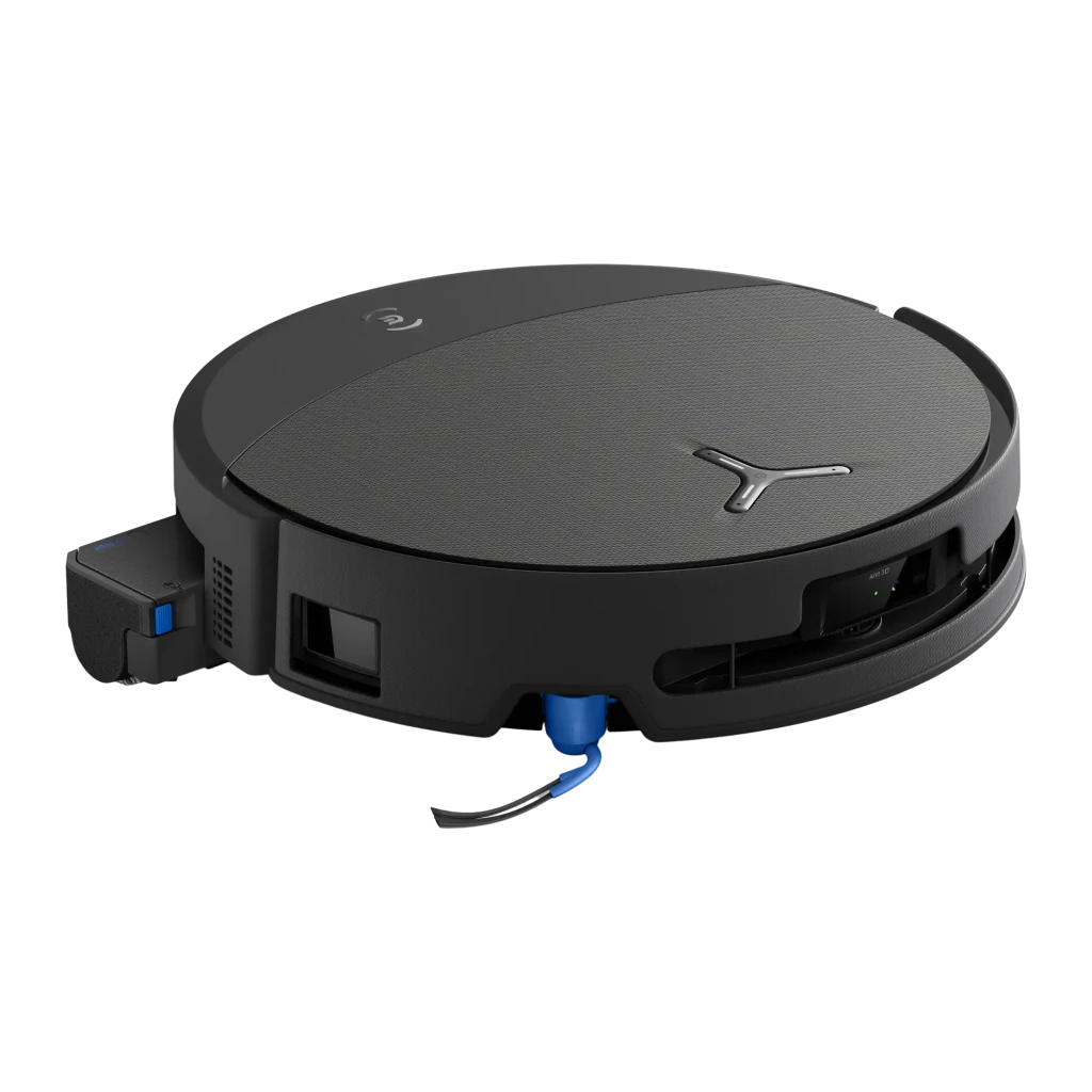 Ecovacs Deebot T90 Pro Omni preto, vista lateral do kit: base de esvaziamento automático em ângulo três quartos com robô - Item2