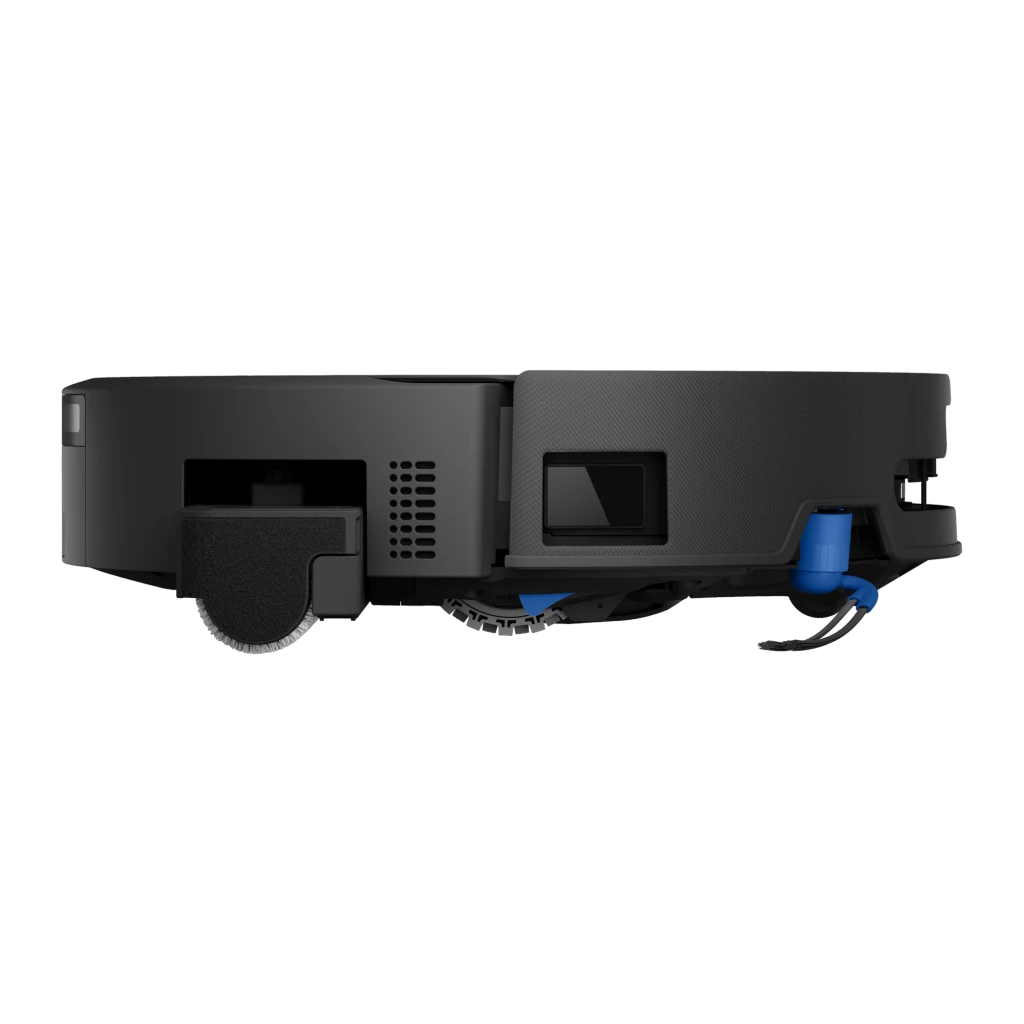 Ecovacs Deebot T90 Pro Omni preto, vista lateral do kit: base de esvaziamento automático em ângulo três quartos com robô - Item8