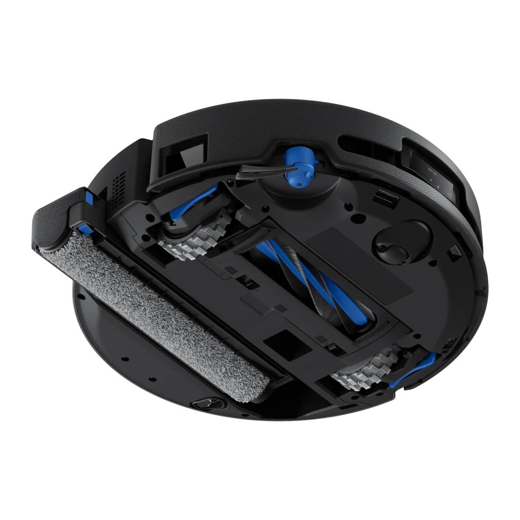 Ecovacs Deebot T90 Pro Omni preto, vista lateral do kit: base de esvaziamento automático em ângulo três quartos com robô - Item9