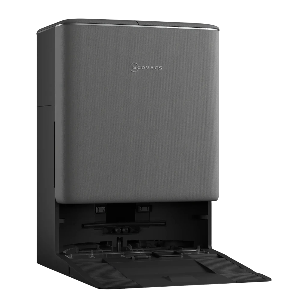 Ecovacs Deebot T90 Pro Omni preto, vista lateral do kit: base de esvaziamento automático em ângulo três quartos com robô - Item10