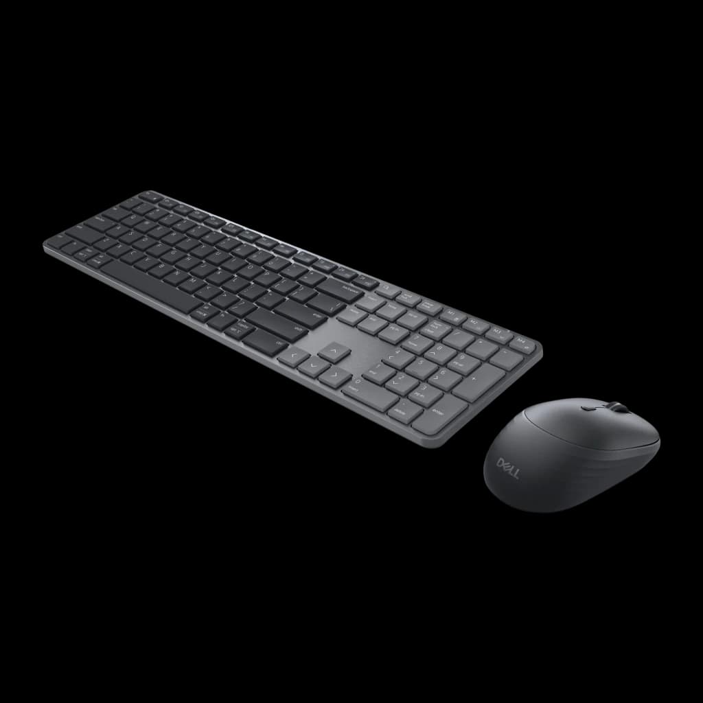 Dell KM726 noir, vue en perspective: clavier slim QWERTY et souris sans fil avec logo Dell visibles