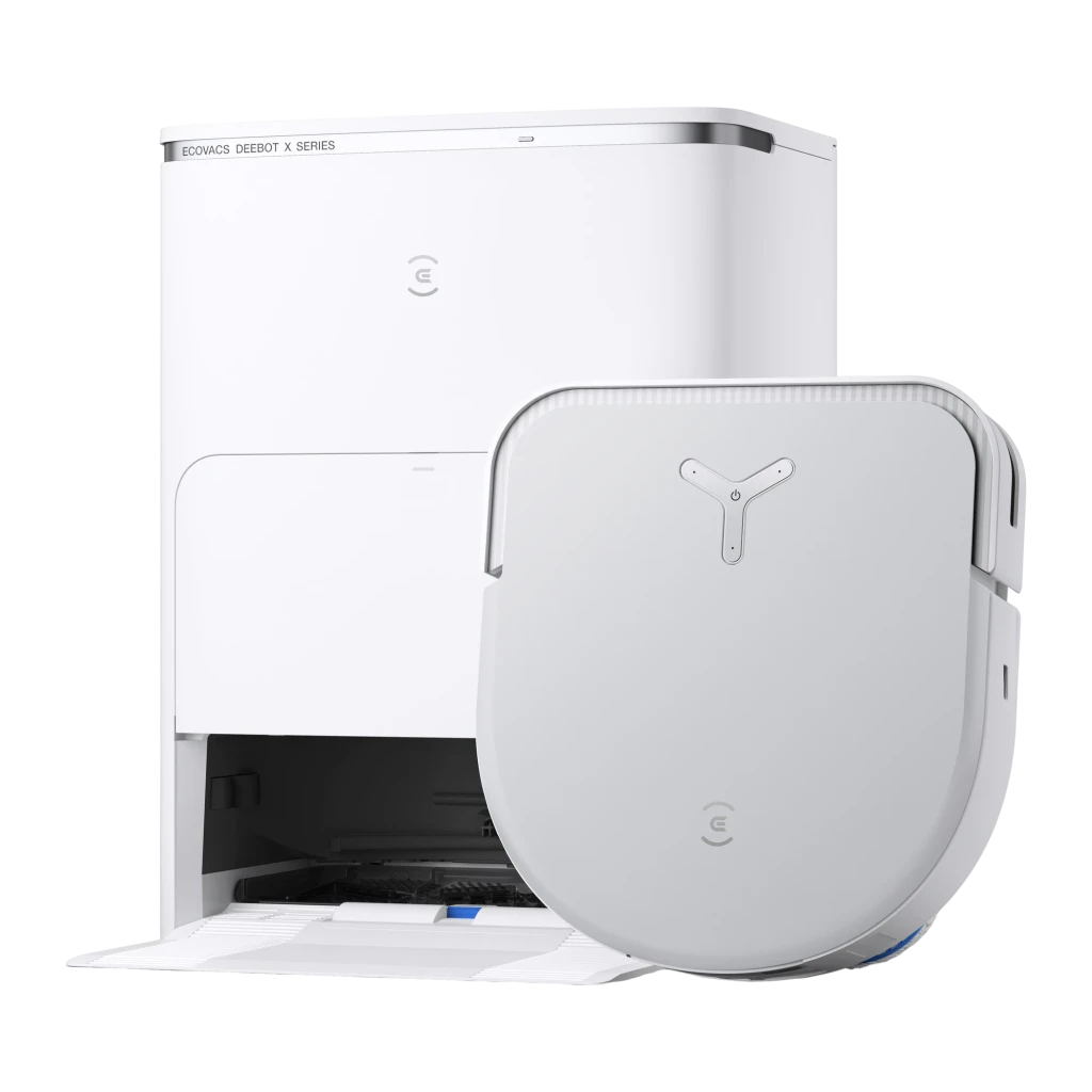 Ecovacs Deebot X5 Omni branco, vista lateral direita: robô parcialmente retirado da base, sensor TrueDetect visível - Item4