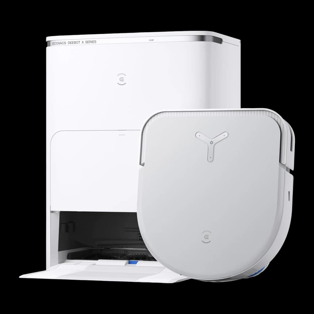 Ecovacs Deebot X5 Omni blanc, kit: robot détaché devant la base, vue du dessus du robot avec bouton