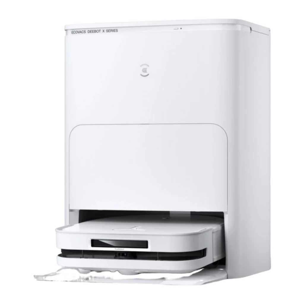 Ecovacs Deebot X5 Omni branco, vista lateral direita: robô parcialmente retirado da base, sensor TrueDetect visível - Item5