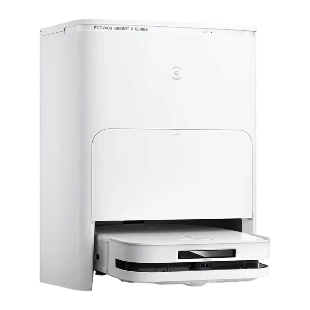 Ecovacs Deebot X5 Omni branco, vista lateral direita: robô parcialmente retirado da base, sensor TrueDetect visível - Item6