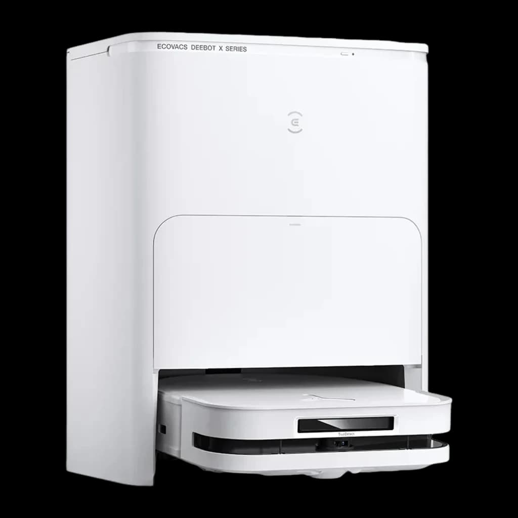 Ecovacs Deebot X5 Omni blanc, kit vue latérale gauche: robot dans la base, capteur TrueDetect et module frontal visibles