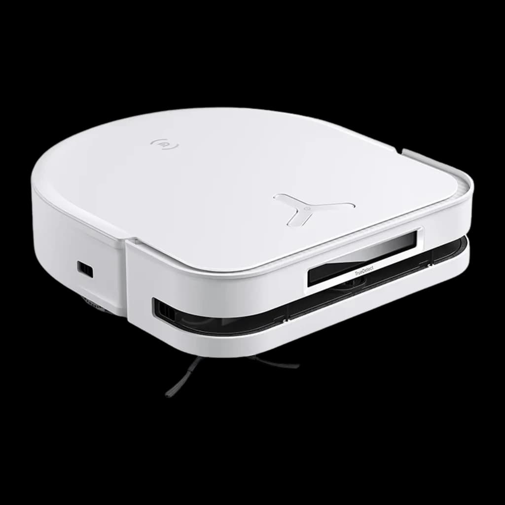 Ecovacs Deebot X5 Omni blanc, vue supérieure en angle: couvercle logo en Y, capteur TrueDetect frontal et brosse latérale