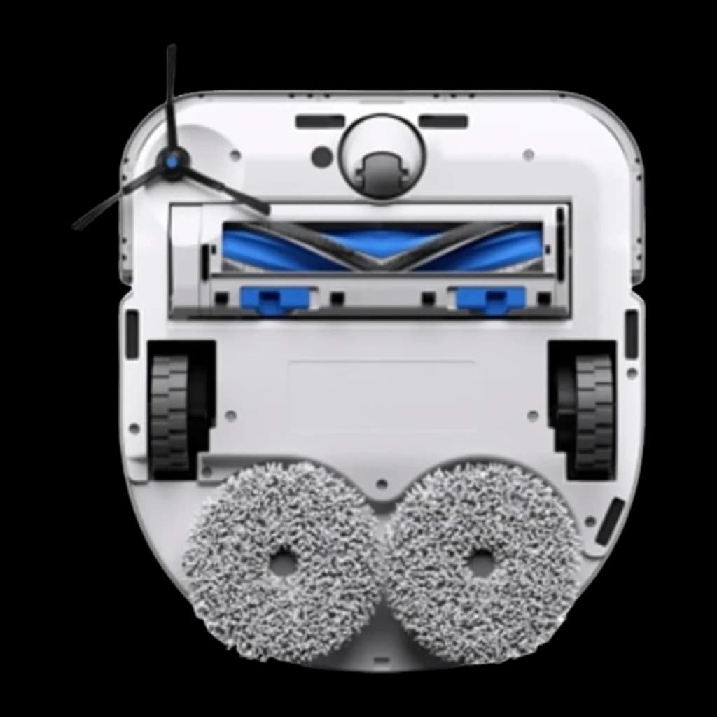 Ecovacs Deebot X5 Omni blanc, vue du dessous: brosse principale bleue, deux serpillières circulaires, roues et brosse