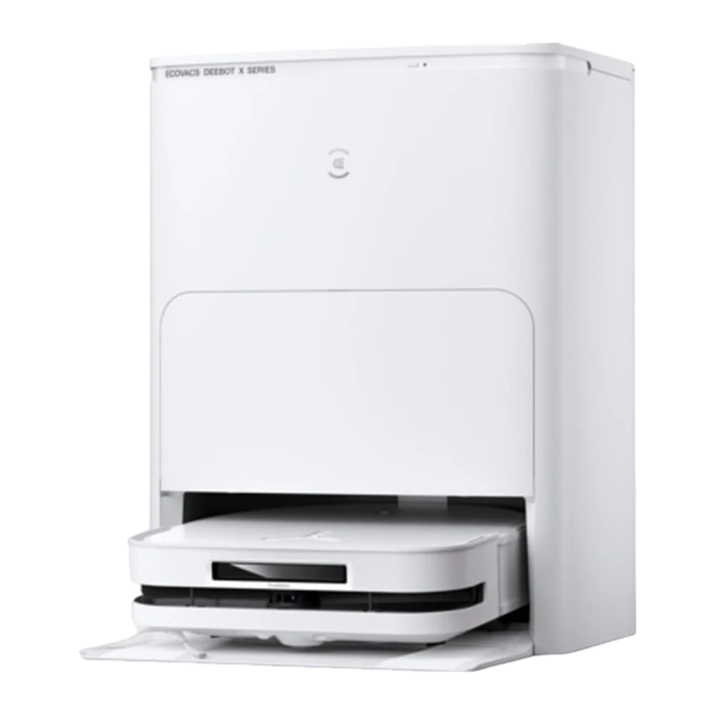 Ecovacs Deebot X5 Omni branco, vista lateral direita: robô parcialmente retirado da base, sensor TrueDetect visível - Item1