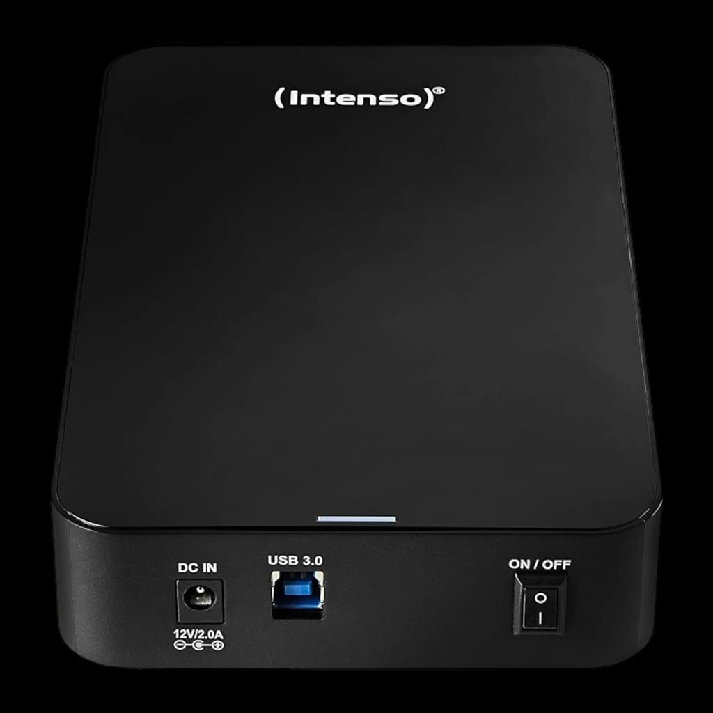 Intenso Memory Center 8TB preto, vista traseira: portas DC IN, USB 3.0 e interruptor ON/OFF claramente identificados