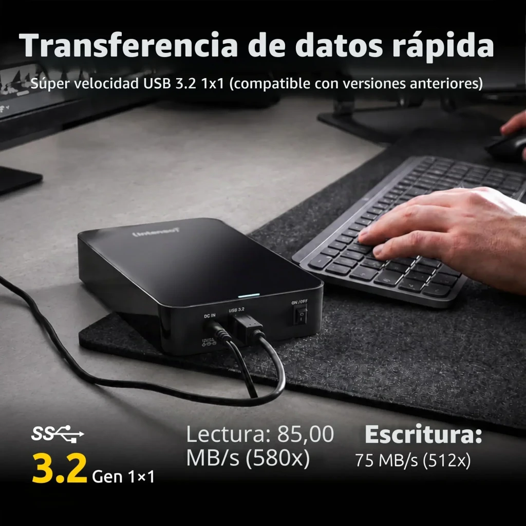 Intenso Memory Center 8TB negro, vista trasera: puertos DC IN, USB 3.0 y interruptor ON/OFF claramente etiquetados - Ítem2