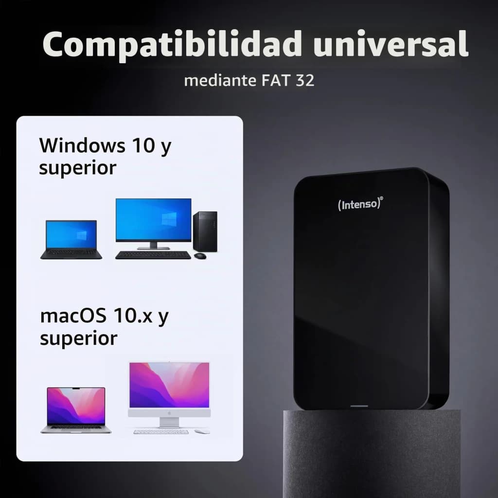 Intenso Memory Center 8TB preto, vista frontal: disco sobre pedestal, compatível com Windows e macOS via FAT32