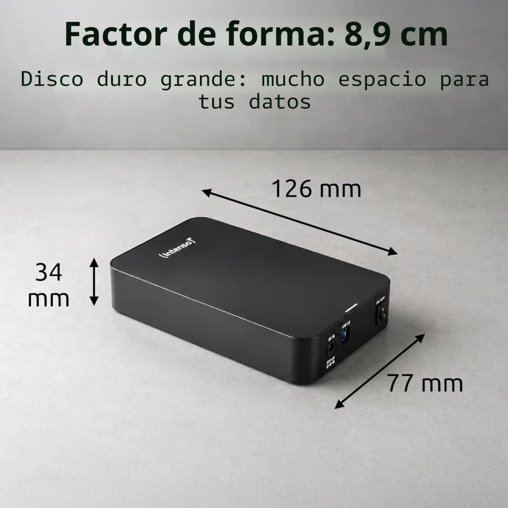 Intenso Memory Center 8TB preto, vista com dimensões: disco 126x77x34 mm com portas USB 3.0 e botão de energia visíveis