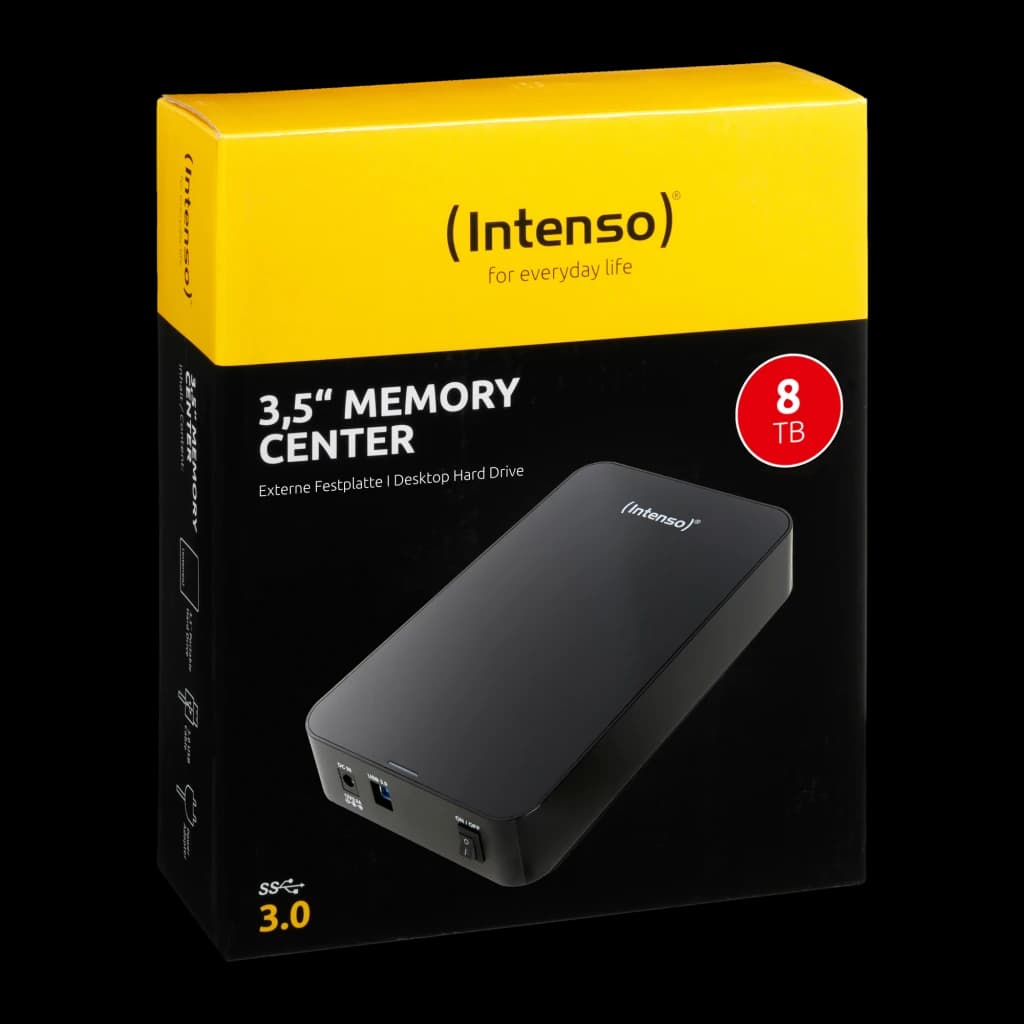 Intenso Memory Center 3,5" 8TB preto, caixa: embalagem amarela e preta com disco rígido preto e logo USB 3.0