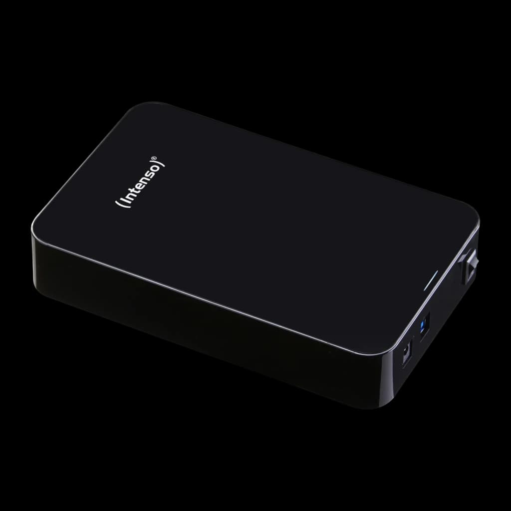 Intenso Memory Center 8TB preto, vista em perspectiva: tampa superior brilhante com logo e porta USB 3.0 lateral visível