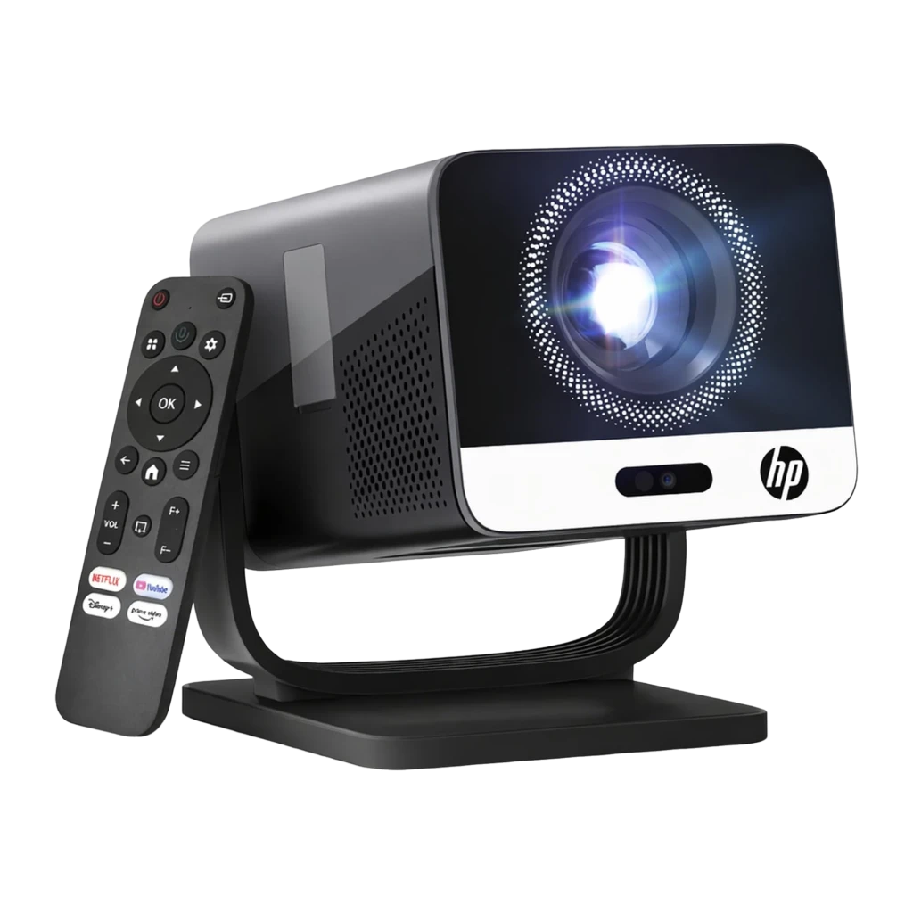 HP Projecteur MC475 LCD 1080p noir, vue de face latérale: objectif circulaire avec anneau LED, support articulé et logo HP - Ítem1