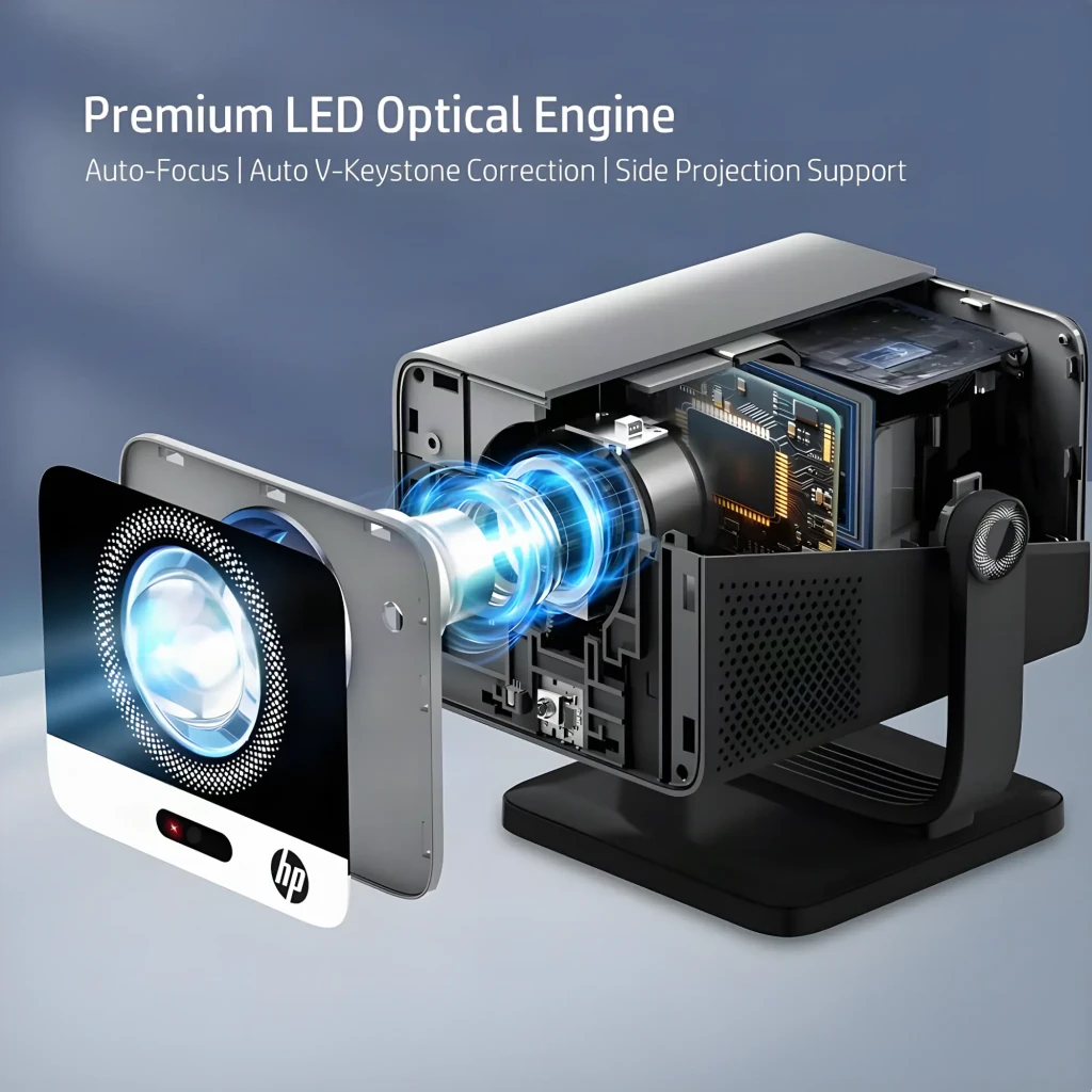 HP Projecteur MC475 LCD 1080p noir, vue de face latérale: objectif circulaire avec anneau LED, support articulé et logo HP - Ítem3