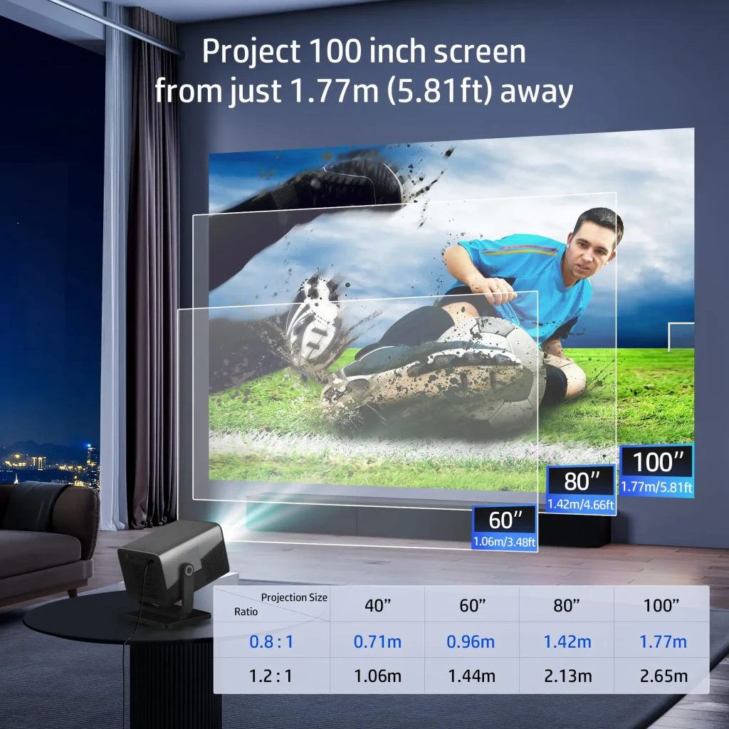 HP Projecteur MC475 LCD 1080p noir, vue de face latérale: objectif circulaire avec anneau LED, support articulé et logo HP - Ítem6