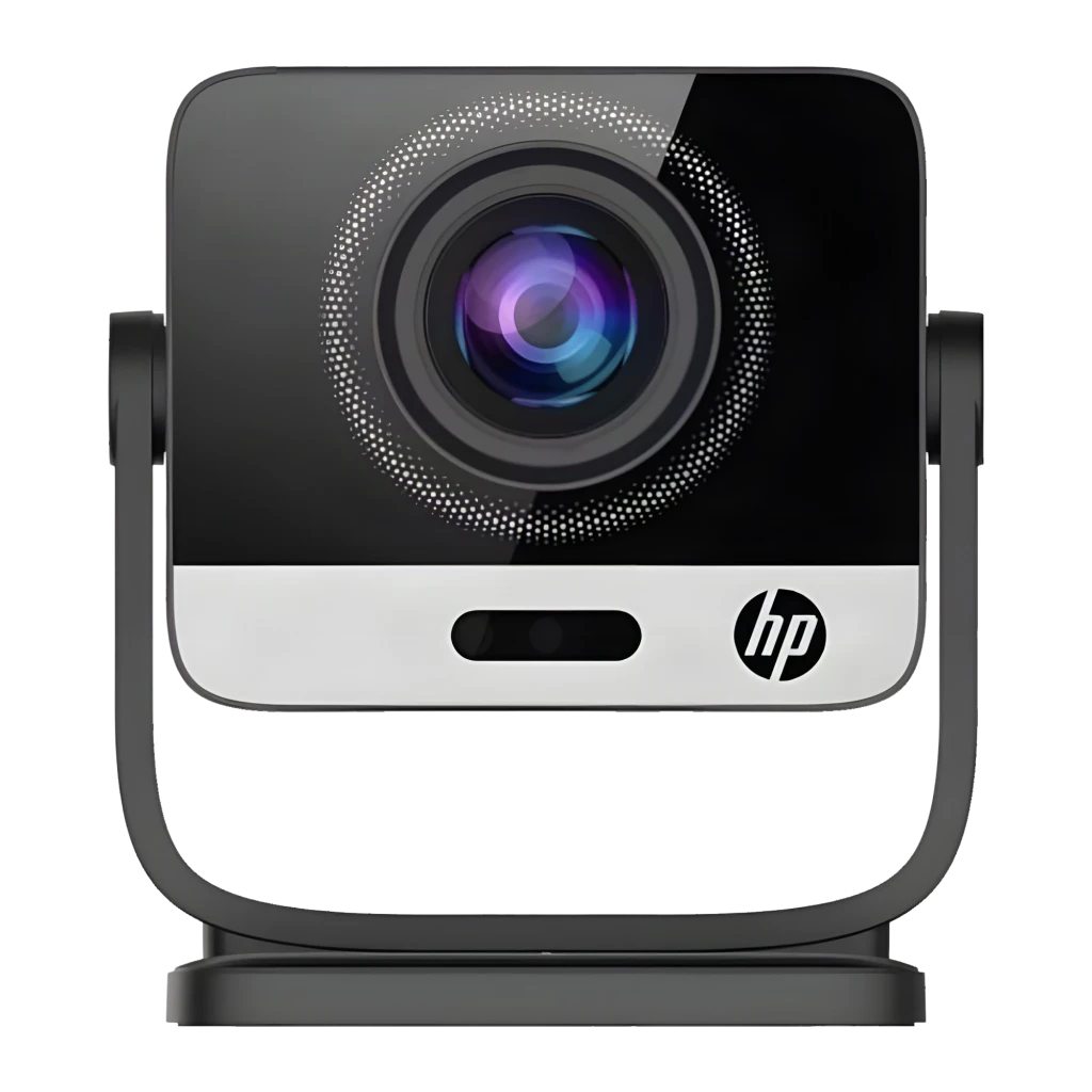 HP Projecteur MC475 LCD 1080p noir, vue de face latérale: objectif circulaire avec anneau LED, support articulé et logo HP - Ítem8