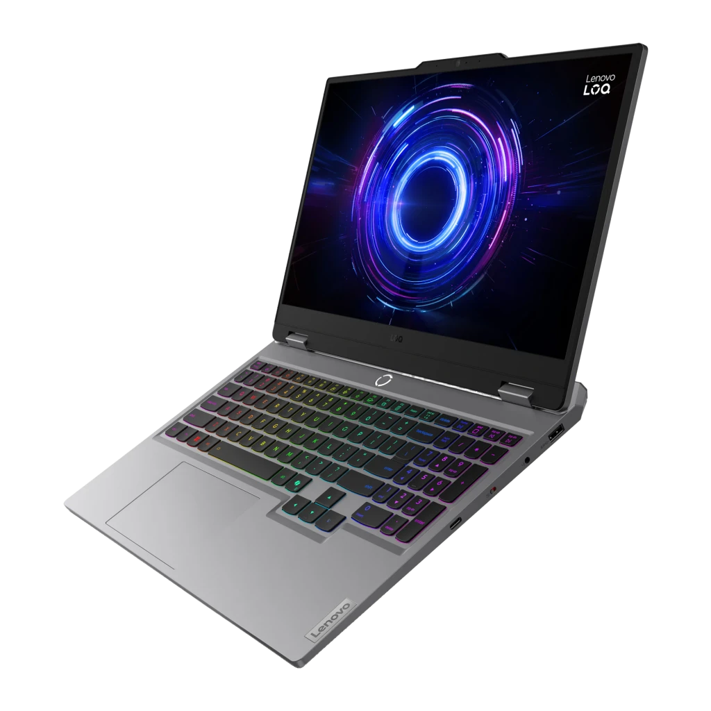 Lenovo LOQ 15IRX10 512GB cinza, vista frontal: teclado RGB multicolor iluminado e ecrã com gráfico azul gaming - Item6