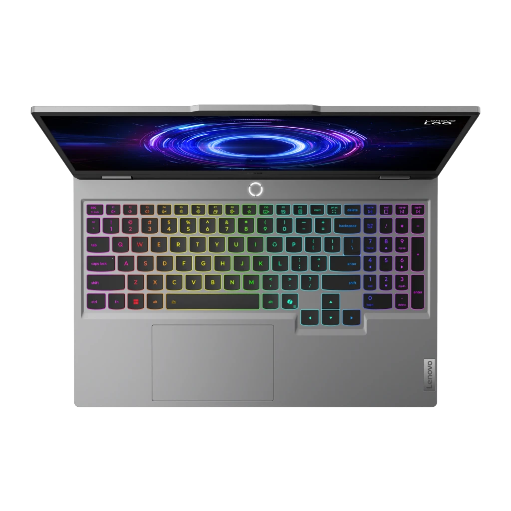 Lenovo LOQ 15IRX10 512GB cinza, vista frontal: teclado RGB multicolor iluminado e ecrã com gráfico azul gaming - Item7
