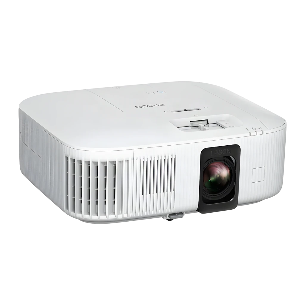Epson EH-TW6250 2800lm 3LCD 4K+ blanc, vue avant: objectif avec monture noire et grille de ventilation latérale - Ítem3